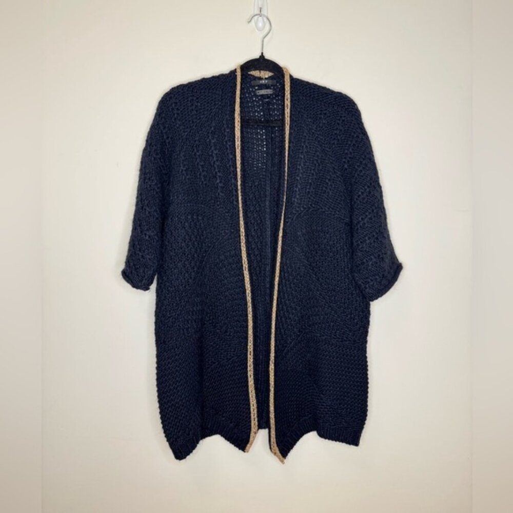 Women's Navy Open-Front Sweater with Gold Metallic Detailing Size 8